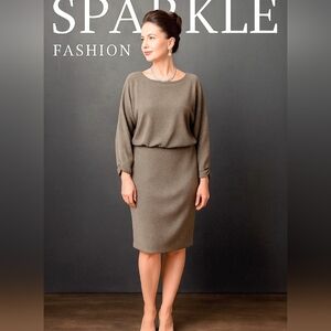 LAURA Petite Elegant Taupe/Grey Metalic long sleeve Midi dress Sz Petite 10